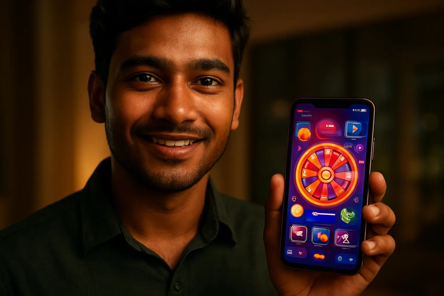 Young Bangladeshi man holding smartphone showing glowing colorful casino app interface