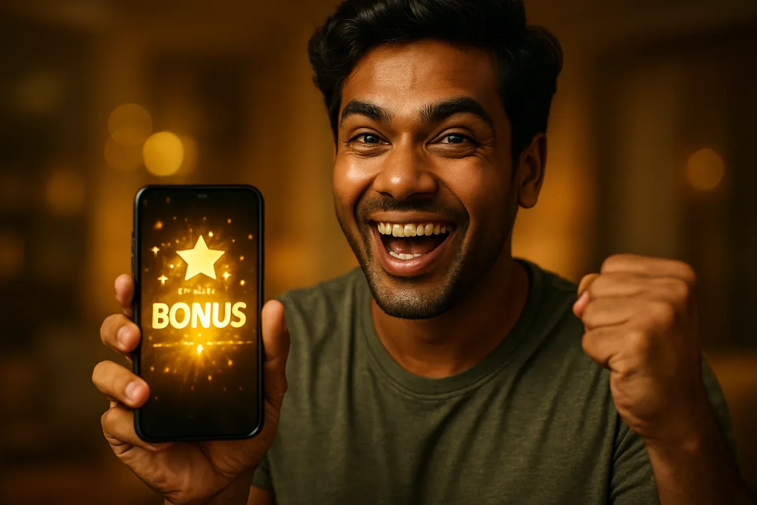 Joyful Bangladeshi man celebrating, holding smartphone with glowing golden bonus notification
