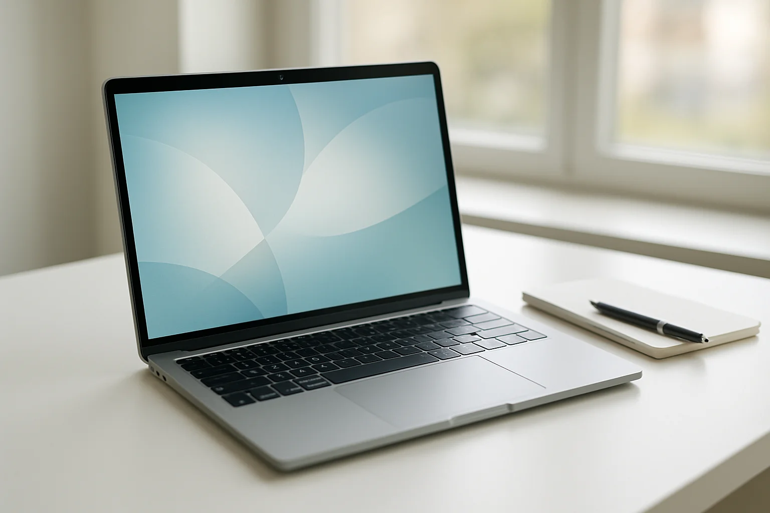 Modern laptop on white desk with abstract glowing screen in daylight