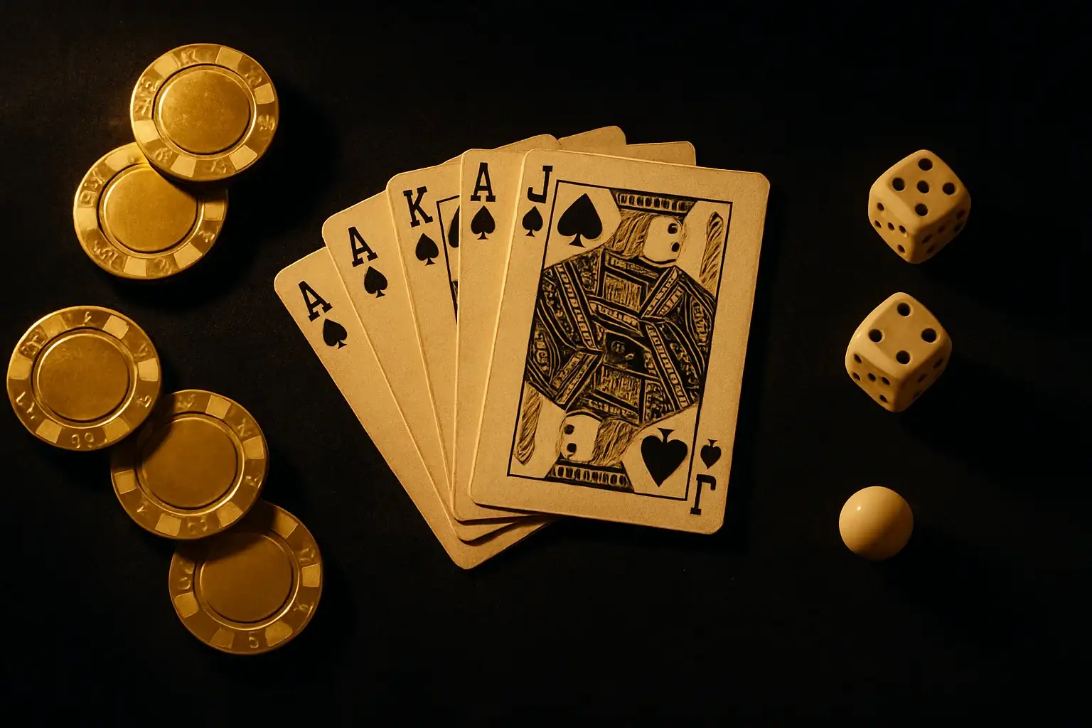 Hyperrealistic top-down flat-lay of velvet surface with chips, cards, dice, roulette ball