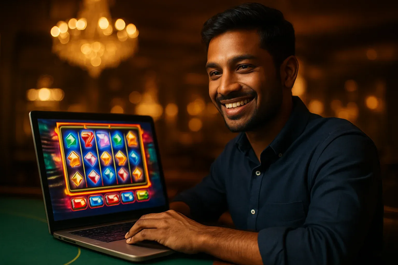 Cheerful Bangladeshi man smiling at open laptop with glowing casino interface