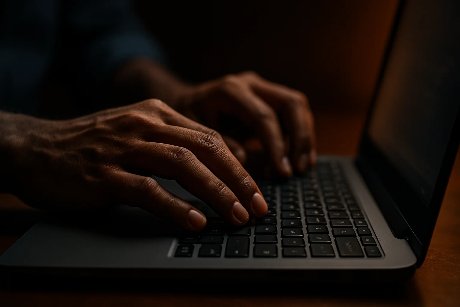 Close-up of Bangladeshi hands typing on laptop keyboard in dark light