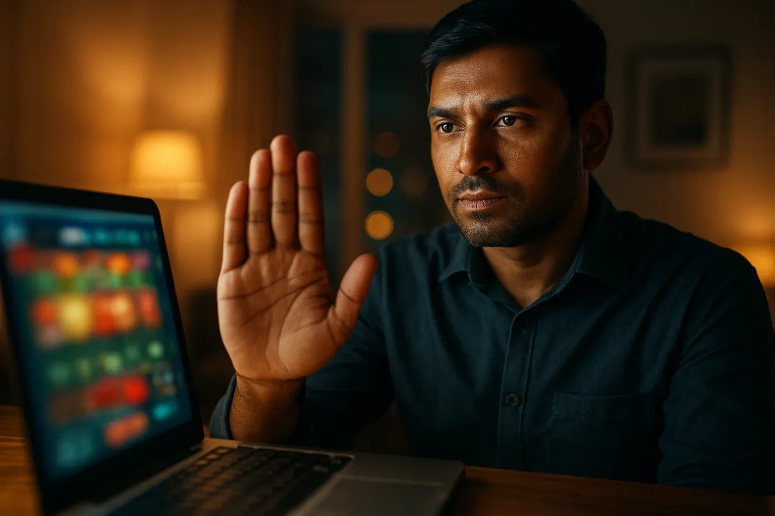 Confident Bangladeshi man holding stop gesture by glowing laptop, responsible gambling