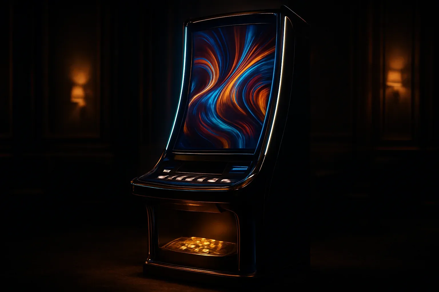 Hyperrealistic premium slot machine in dark luxury setting with neon lighting
